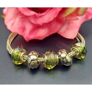 NAPIER Signed Gold Tone & Green Multi Strand Chain Slide Charm Bracelet 8"